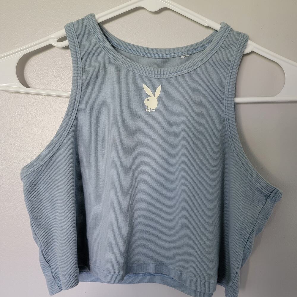 Playboy Pacsun Tank Top Womens Sz XS Baby Blue Cropped Crop Ribbed Bunny Sexy